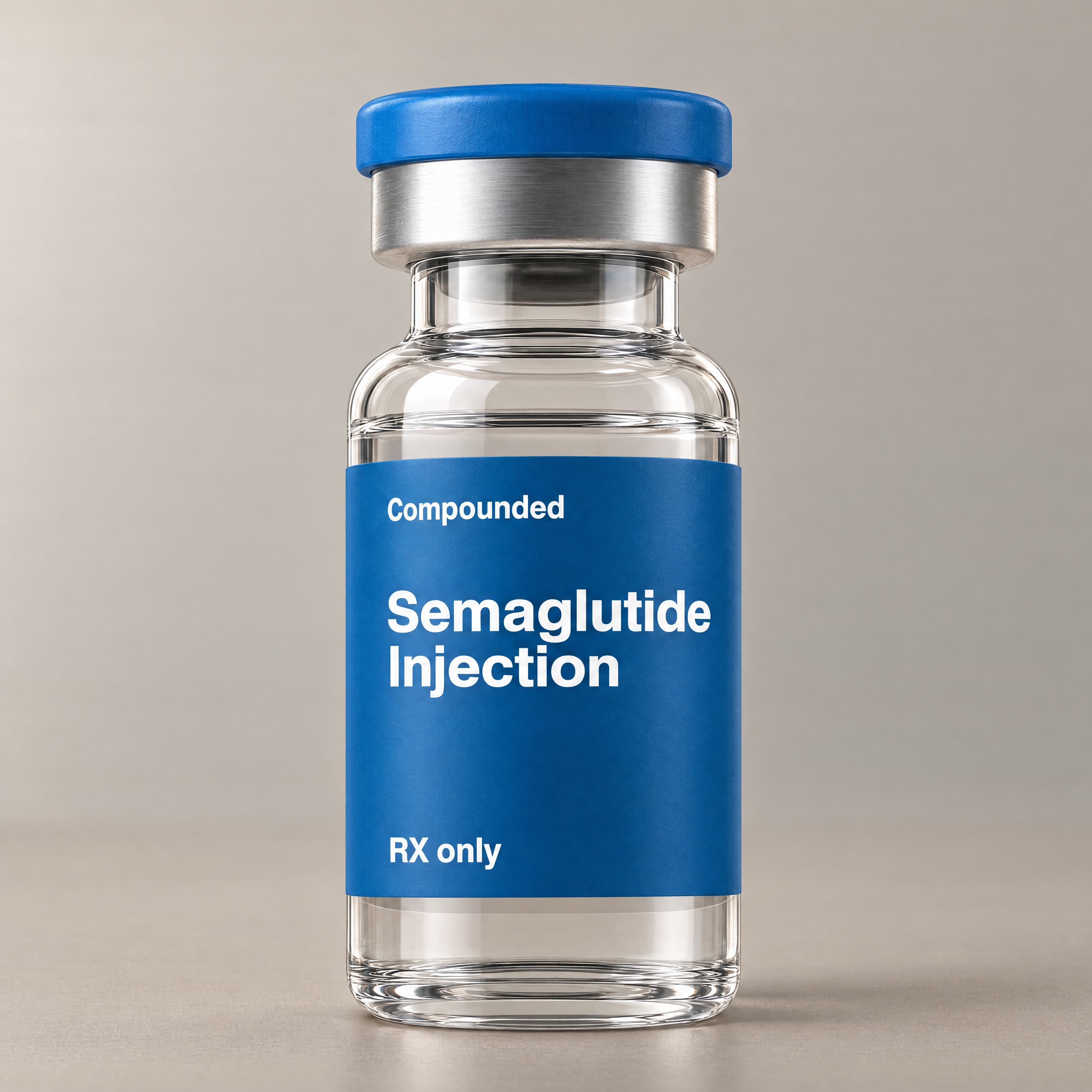 Compounded Semaglutide vial in a warm-greige studio setting