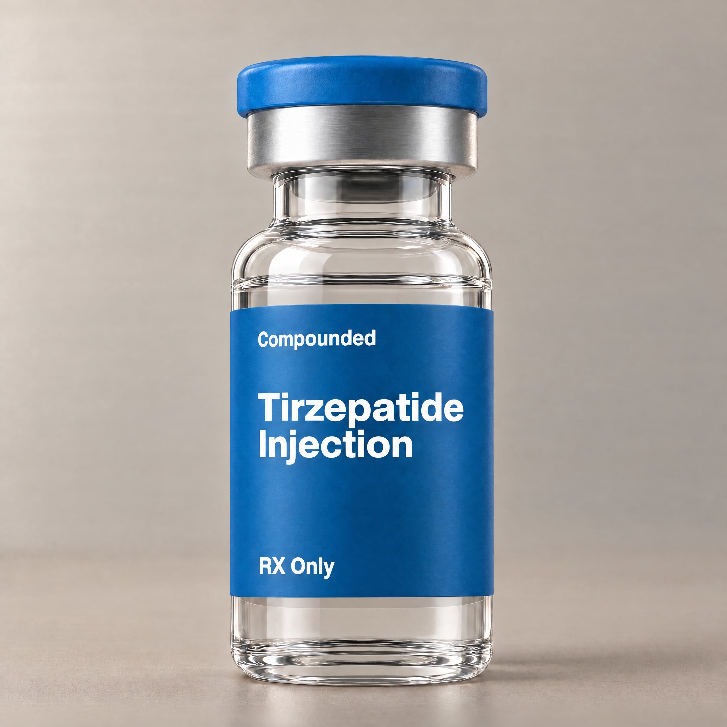 Compounded Tirzepatide vial in a warm-greige studio setting