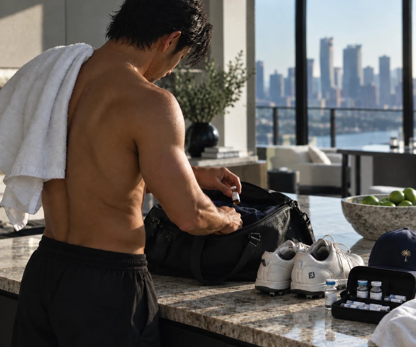 A man packing his gym bag beside a sunlit city window