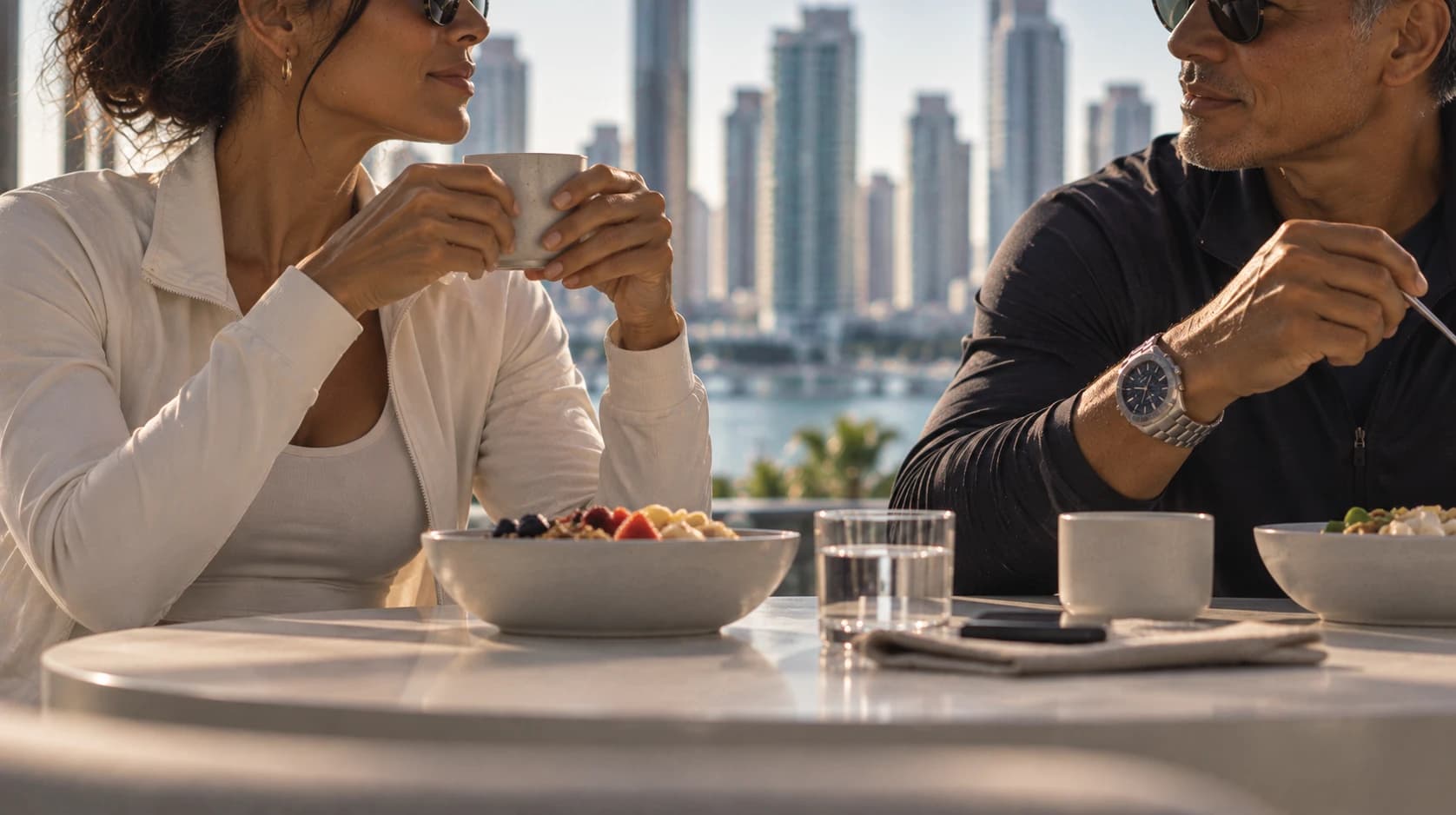 A couple sharing breakfast and conversation in warm waterfront light