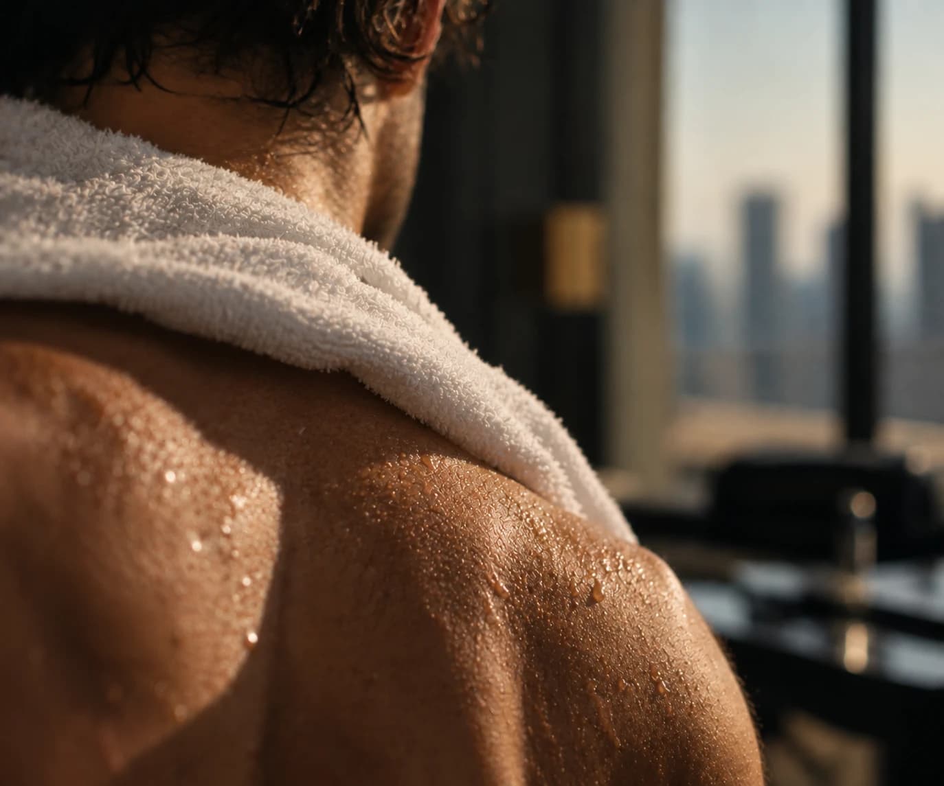A man pausing after movement with a towel over his shoulder