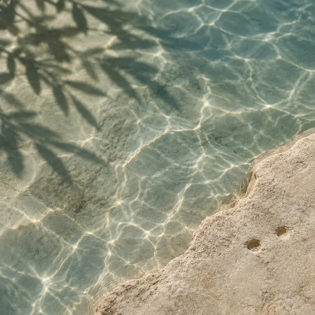 Sunlight rippling through shallow water beside pale stone